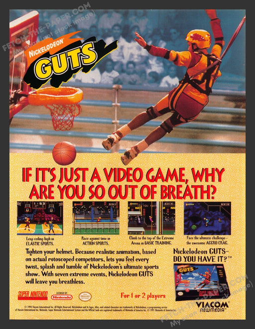 1994 Print Advertisement Nickelodeon Guts Super Nintendo Video Game Ad.