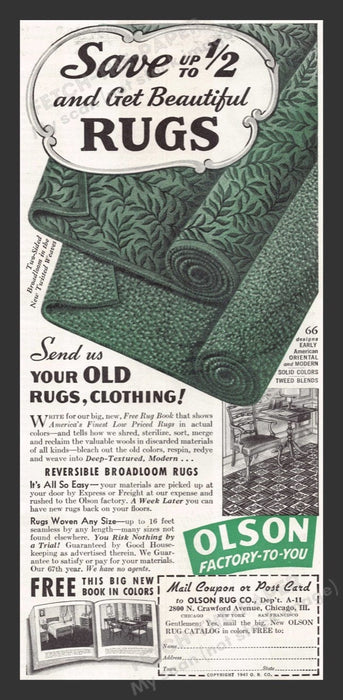 1941 Olson Rug Co. Broadloom Green Color Print Advertisement Ad