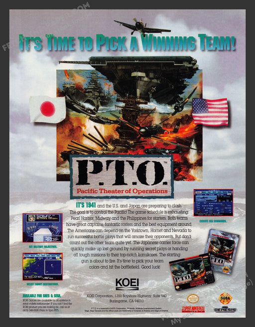 1993 Print Advertisement P.T.O. Pacific Theater of Operations Video Game Ad.
