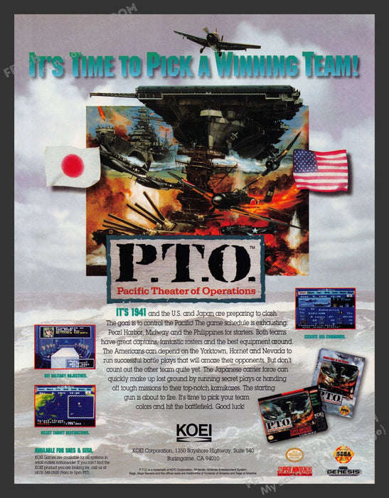 1993 Print Advertisement P.T.O. Pacific Theater of Operations Video Game Ad.