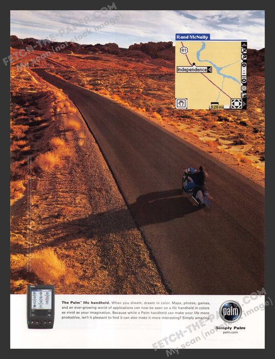 2001 Palm IIIC Handheld Shows GPS & Motorcycle Rider Print Advertisement.