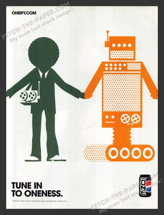 2005 Print Advertisement Pepsi One Tune Into Oneness Man & Robot Beverage Ad.
