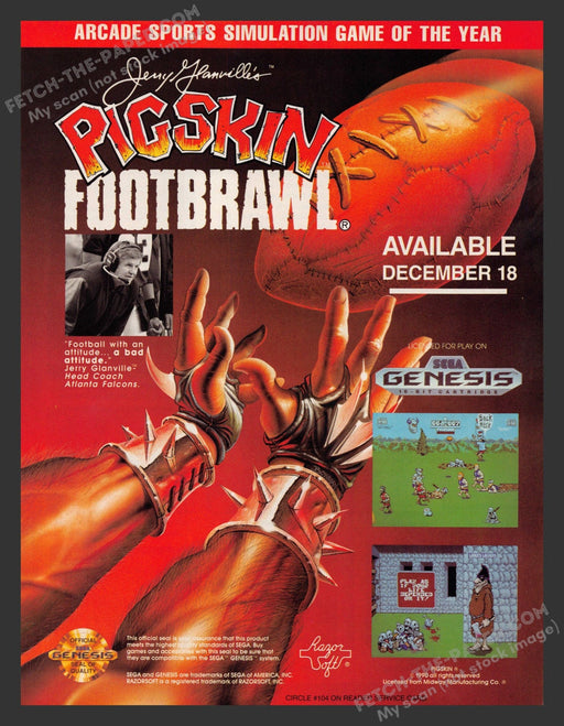 1990 Print Advertisement Pigskin Footbrawl Jerry Glanville Coach Video Game Ad.