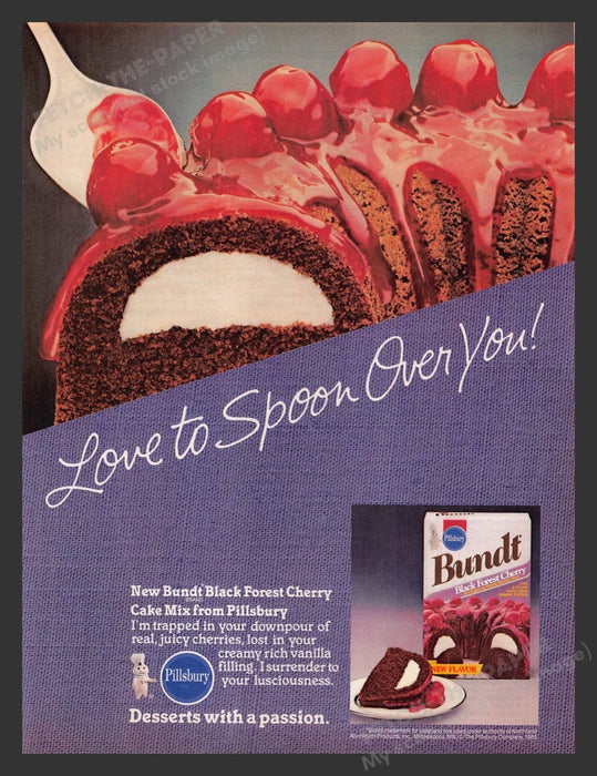 1985 Pillsbury Bundt Black Forest Cherry Cake Mix Print Advertisement Ad