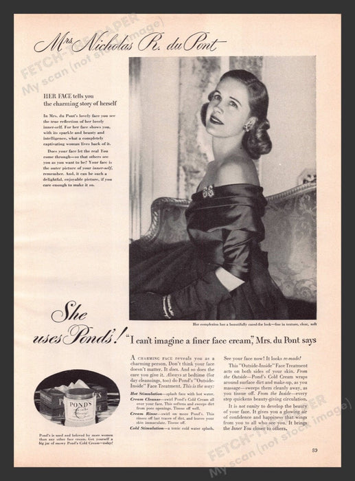 1948 Pond's Cold Cream Mrs. Nicholas R. DuPont Print Advertisement Ad