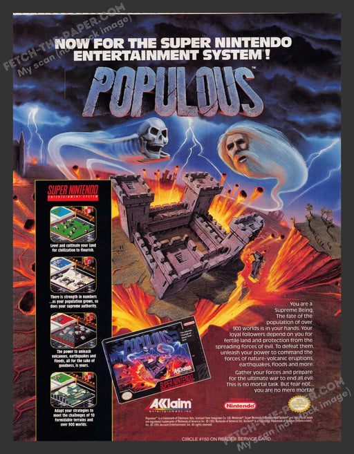1991 Print Advertisement Populous Super Nintendo Video Game Ad.