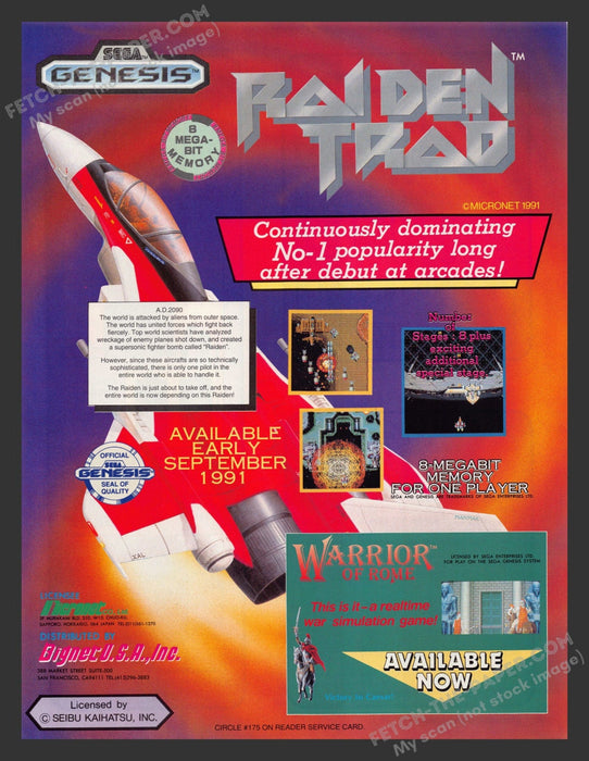 1991 Print Advertisement Raiden Trad Video Game Ad.
