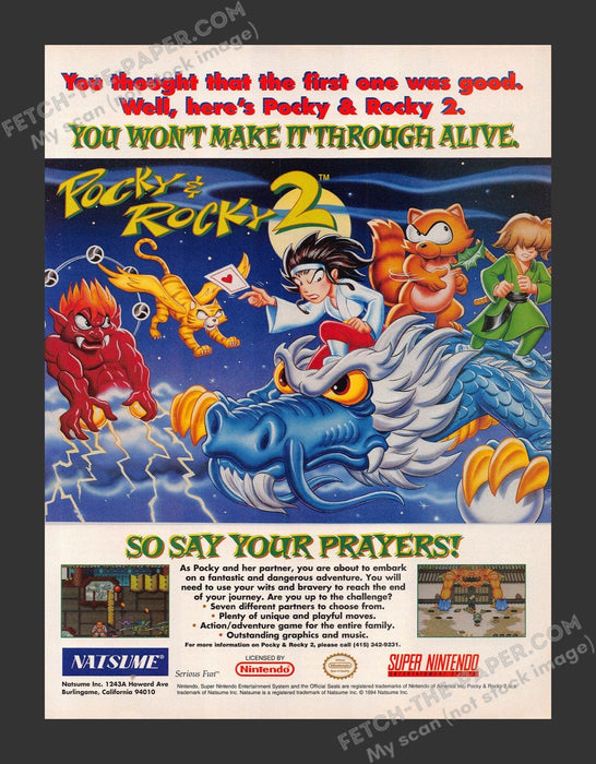 1994 Print Advertisement Rocky & Rocky 2 Video Game Ad.