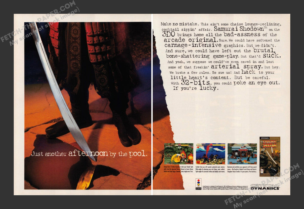 1994 Print Advertisement 2 Page Samurai Shodown Crystal Dynamics Video Game Ad.