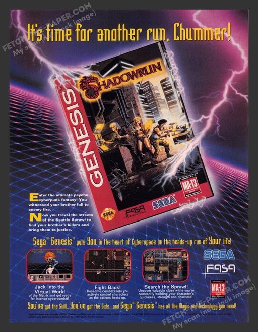 1993 Print Advertisement Shadowrun Sega Genesis Video Game Ad.