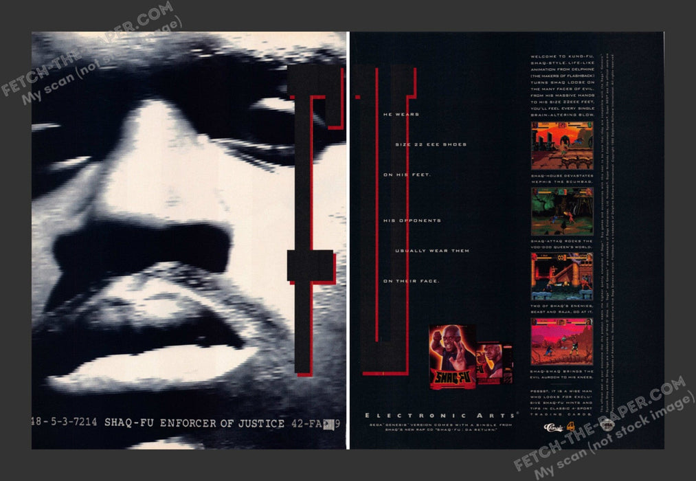 1994 Print Advertisement 2 Page Shaq-Fu Video Game Ad.