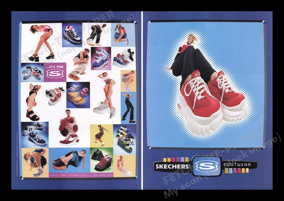 Skechers 1990s Print Advertisement Ad (2 pages) 1998 Shoes Legs Fetch the Paper!