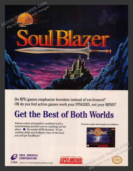 1992 Print Advertisement SoulBlazer Video Game Ad.