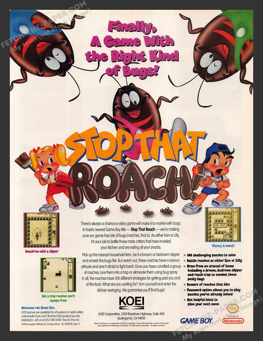 Stop That Roach! Koei Video Game 1990s Print Advertisement Ad Fetch the Paper!