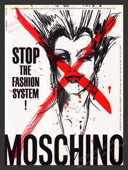 1990 "Stop the Fashion System" Moschino Print Advertisement Ad