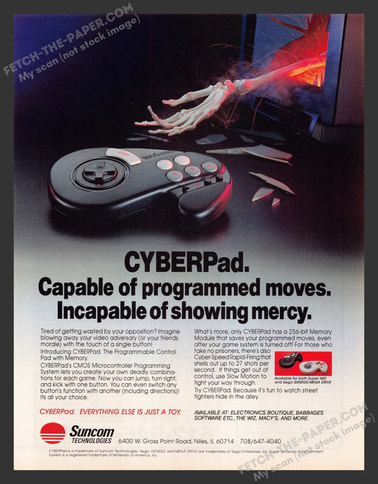1993 Print Advertisement Suncom CYBERPad Sega Video Game Ad.