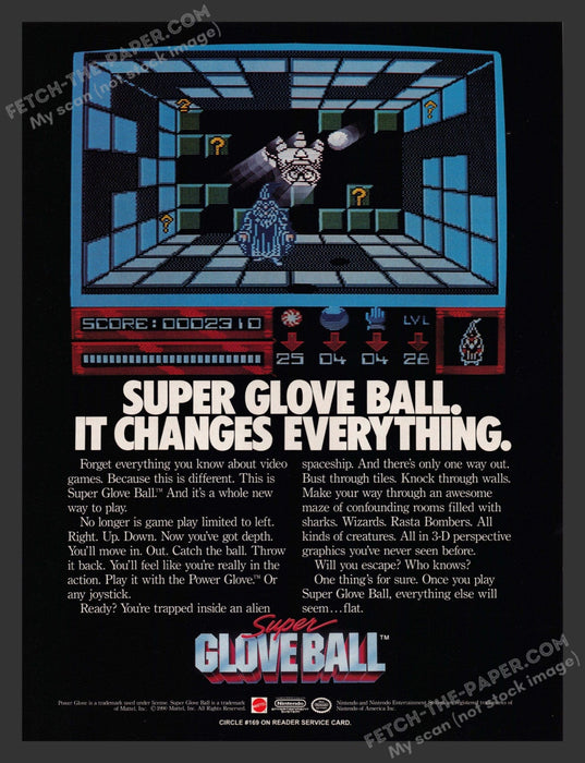 1990 Print Advertisement Super Glove Ball Video Game Ad.
