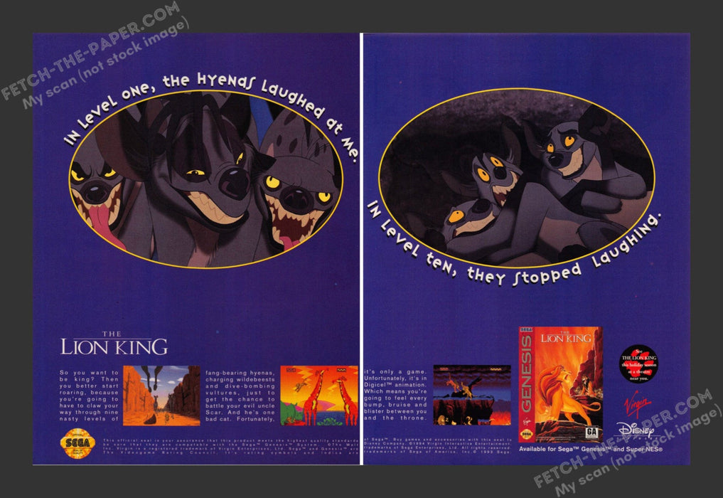 1994 Print Advertisement 2 Page The Lion King Sega Video Game Ad.