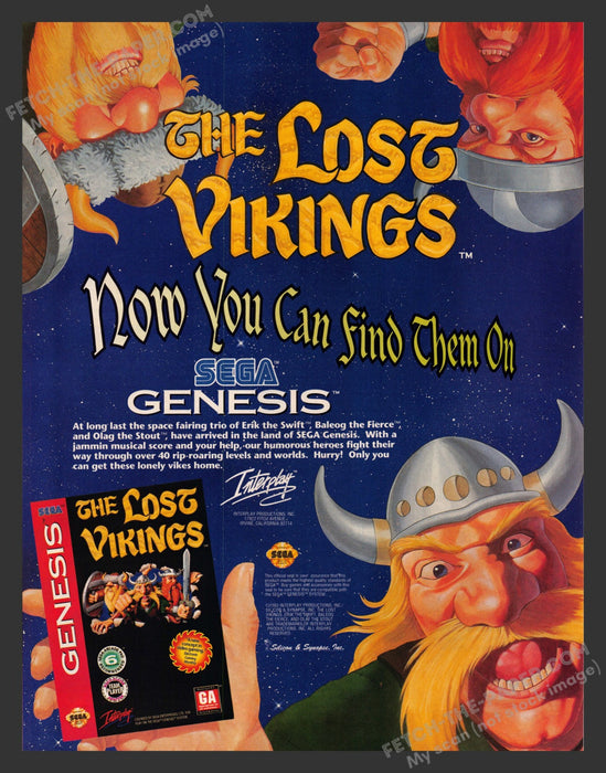The Lost Vikings Sega Video Game 1990s Print Advertisement Ad 1993 Fetch the Paper!