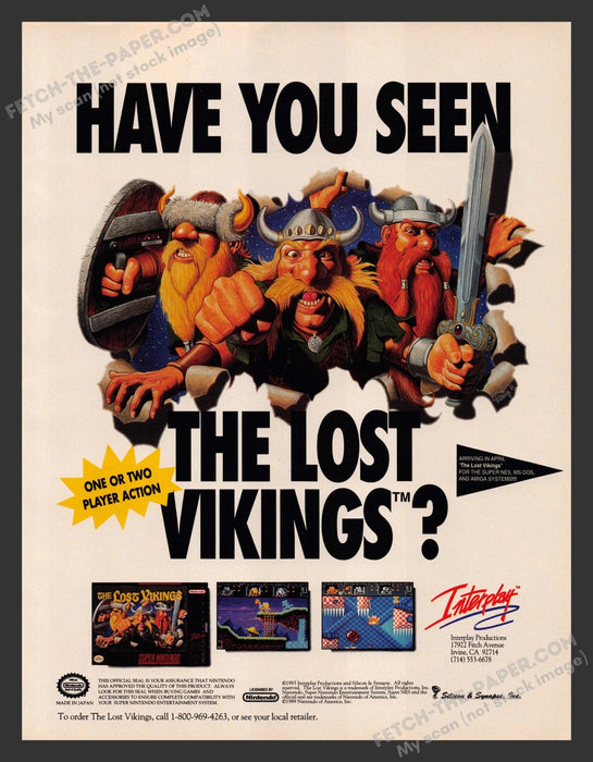 1993 Print Advertisement The Lost Vikings Video Game Ad.
