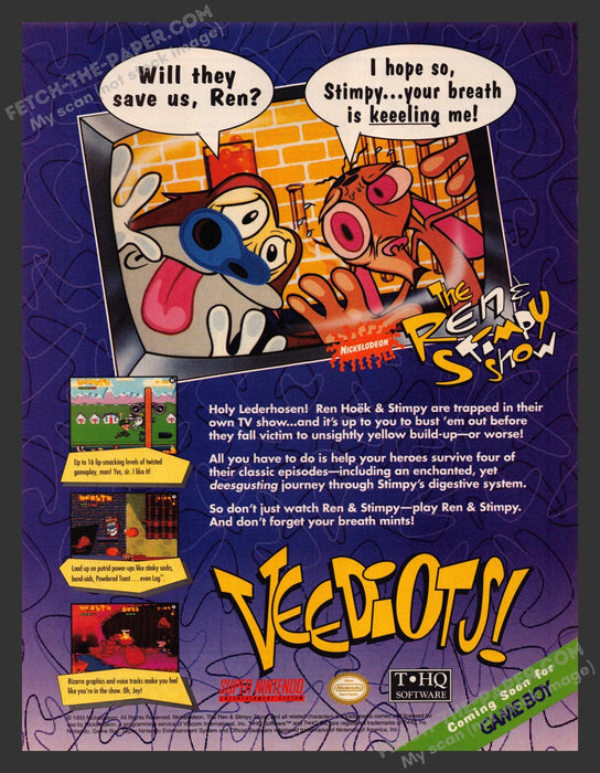 1993 Print Advertisement The Ren & Stimpy Show Veediots! Video Game Ad.