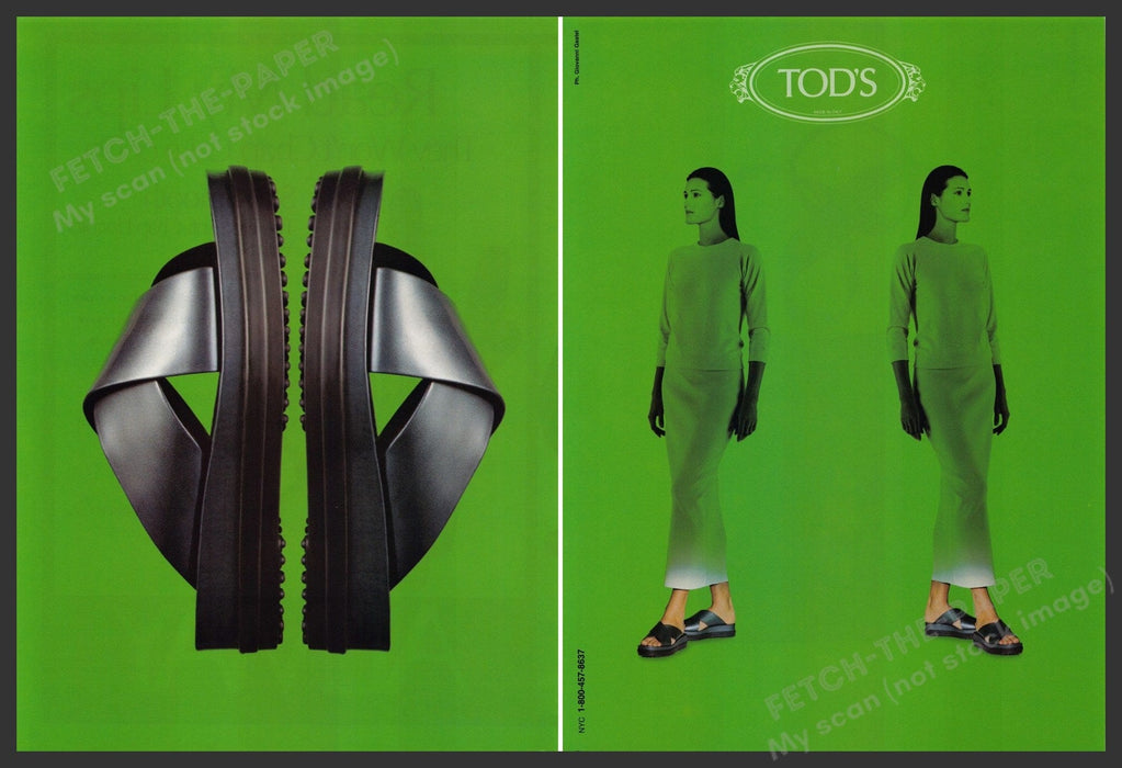 Tod's Shoes 1990s Print Advertisement (2 pages) 1999 Green Fashion Model Fetch the Paper!