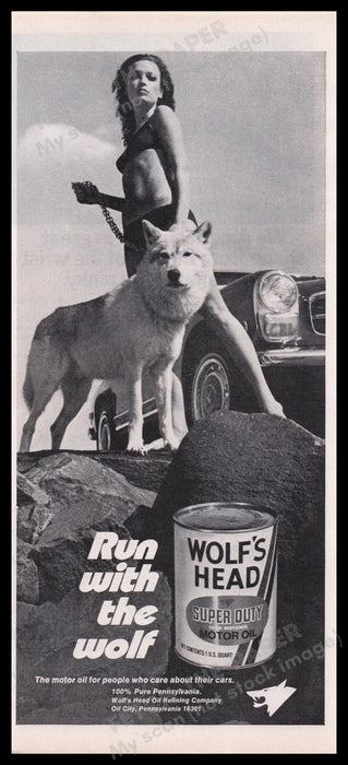 Wolf's Head Motor Oil 1970s Print Advertisement Ad 1972 Legs Sexy Car Fetch the Paper!
