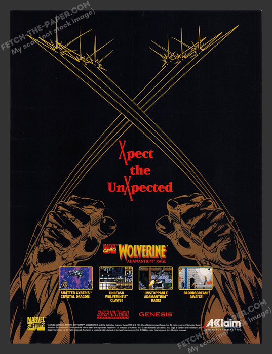 1994 Print Advertisement Wolverine Adamantium Rage Marvel Comics Video Game Ad.